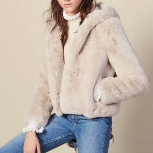 Sandro Ecru Short Faux Fur Coat, Size S